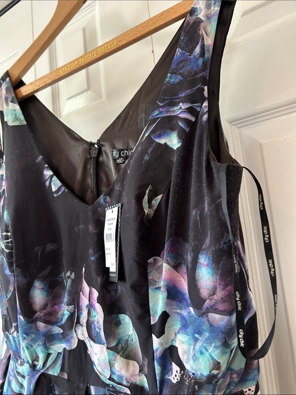 Floral V-Neck Black Dress with Blue-Purple Accents - Picture 6 of 10